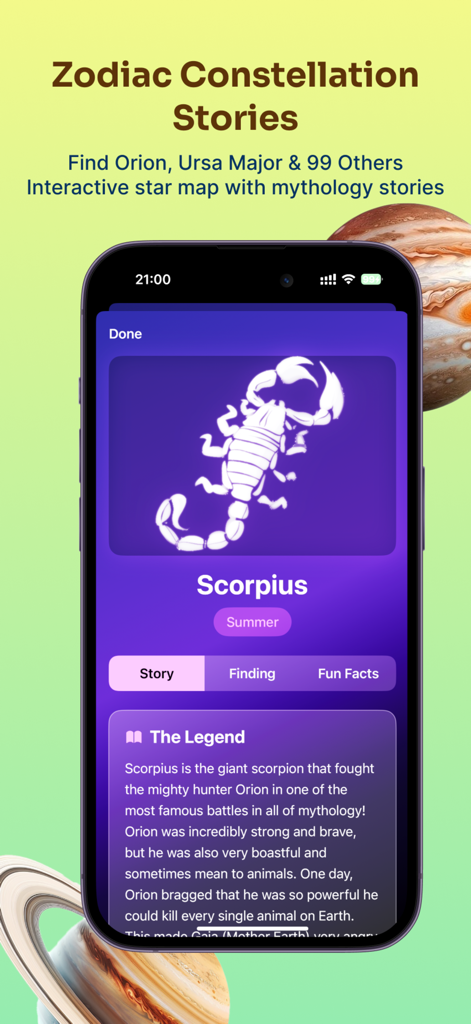 Skymap: Constellation Finder - Pantalla de smartphone mostrando la historia de mitología y la leyenda de la constelación de Escorpio en la aplicación Planet Spotter.