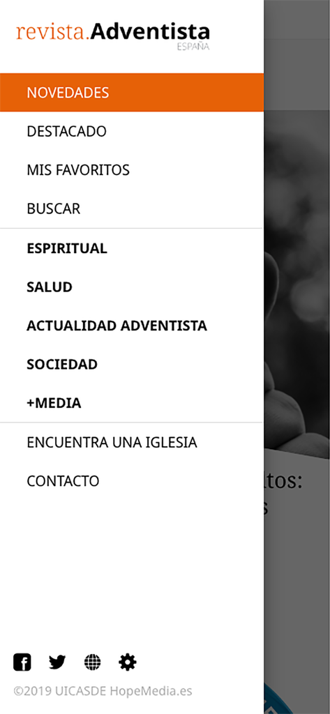 Sidebar navigation menu of the Revista Adventista España app with sections for spiritual content, health, and church news.