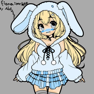 pretty anime girl wearing a fluffy hoodie with bunny ears on the hood and a skirt