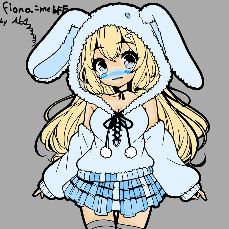 pretty anime girl wearing a fluffy hoodie with bunny ears on the hood and a skirt