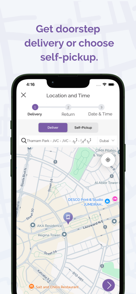 eZhire Car Rental | No Deposit - ezhire app screen for selecting car rental delivery or self-pickup location on a map