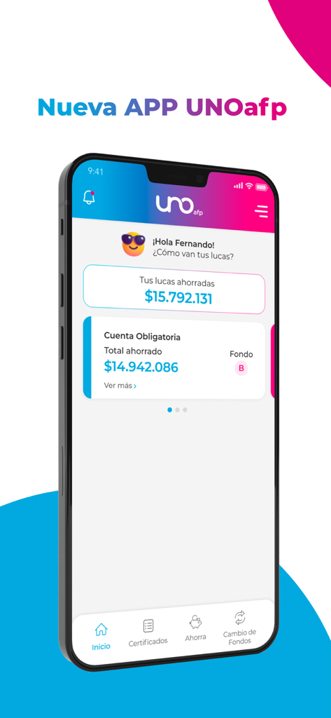 AFP UNO - Mobile dashboard of the AFP UNO app displaying pension savings and account balance in Chilean pesos