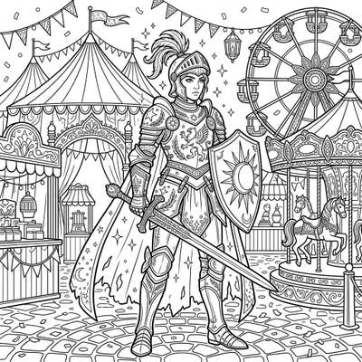 Step into a world where chivalry meets spectacle with this captivating adult coloring page, featuring a valiant paladin enjoying a bustling carnival. Immerse yourself in intricate details, from gleaming armor to festive fairground attractions, perfect for a relaxing and creative escape.