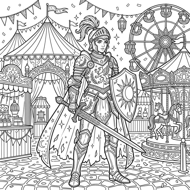 Step into a world where chivalry meets spectacle with this captivating adult coloring page, featuring a valiant paladin enjoying a bustling carnival. Immerse yourself in intricate details, from gleaming armor to festive fairground attractions, perfect for a relaxing and creative escape.