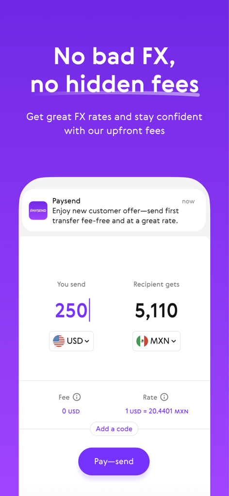 Paysend app screen showing a currency transfer from USD to MXN with zero fees and upfront exchange rates
