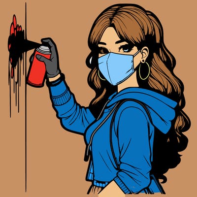 realistic girl with mask spray painting a wall