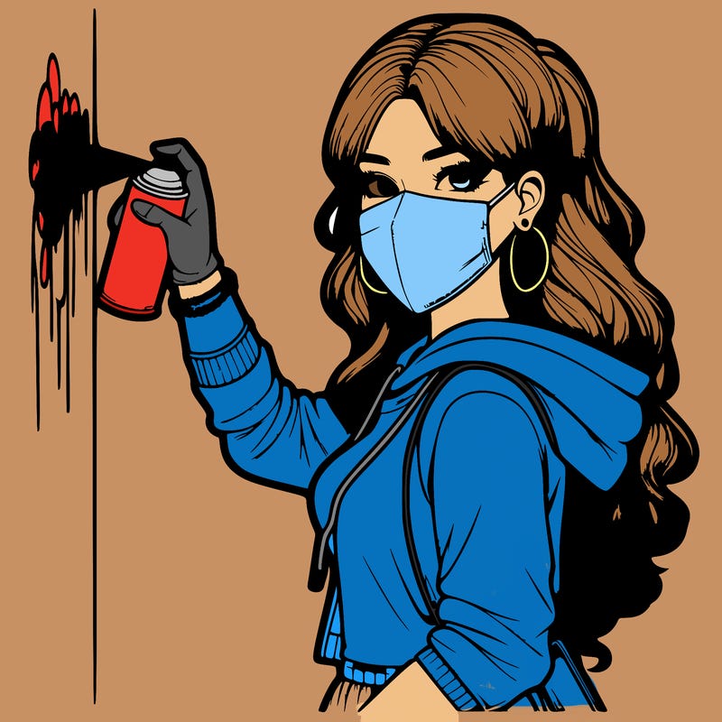 realistic girl with mask spray painting a wall