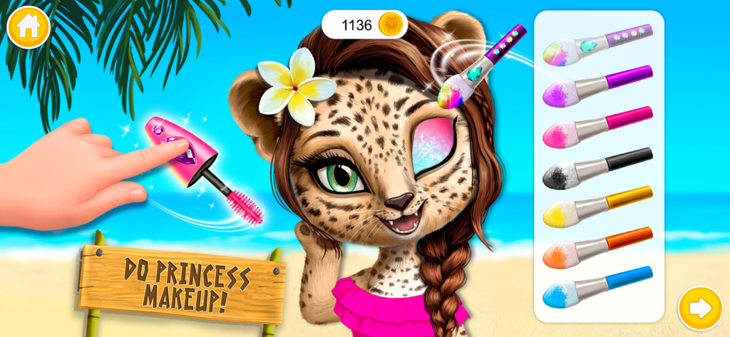 A leopard character named Amy receiving a princess makeup makeover with glittery eyeshadow and mascara in a tropical beach setting.