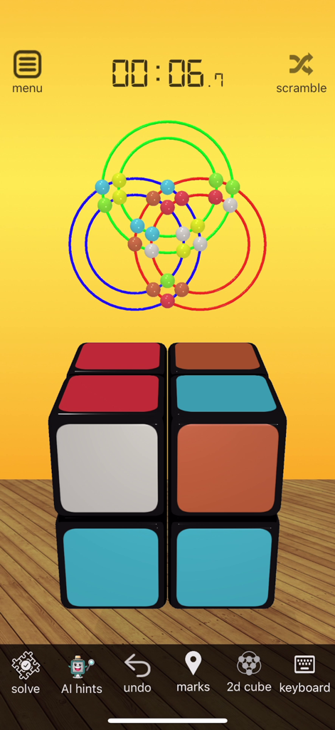 3D Magic Cube Puzzle - Juego realista de rompecabezas 3D de cubo mágico mostrando un cubo 2x2 y una guía de resolución 2D