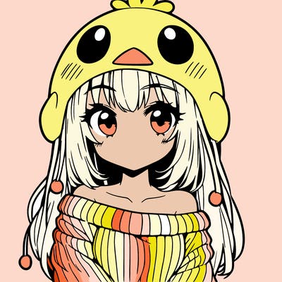 anime girl with chick shaped hat with sweater with bare shoulders with bangs covering them one eye with low tail
