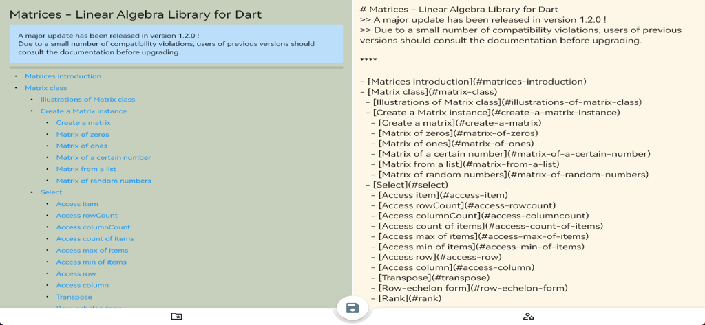 Meditor - Markdown Editor - Meditorアプリの分割画面ビュー。右側にMarkdownソースコード、左側にレンダリングされたプレビューが表示されます。