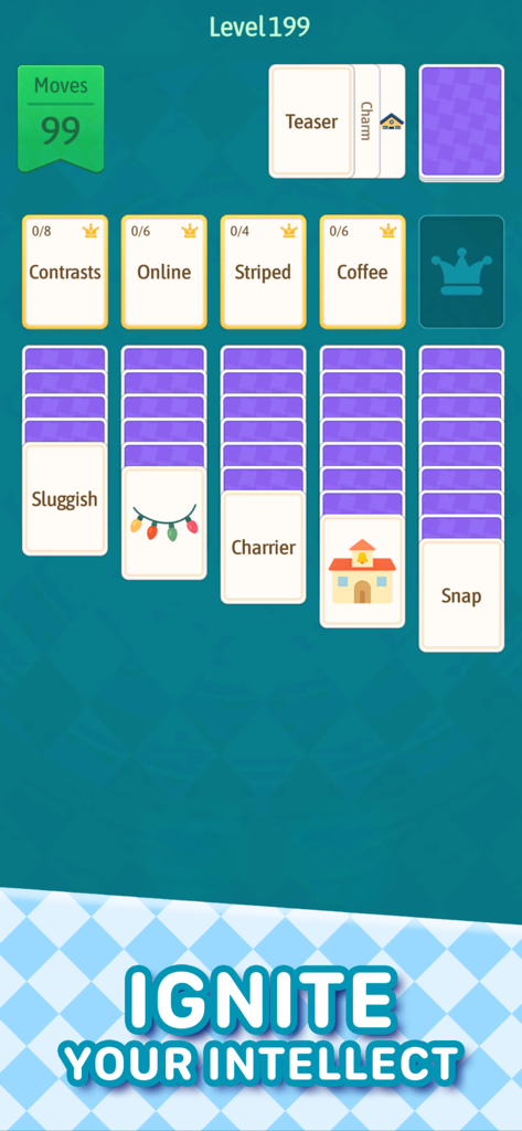 Solitaire Word Quest gameplay screen showing word category matching and solitaire mechanics