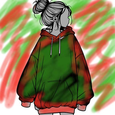 realistic girl with a oversized sweatshirt on and a bun