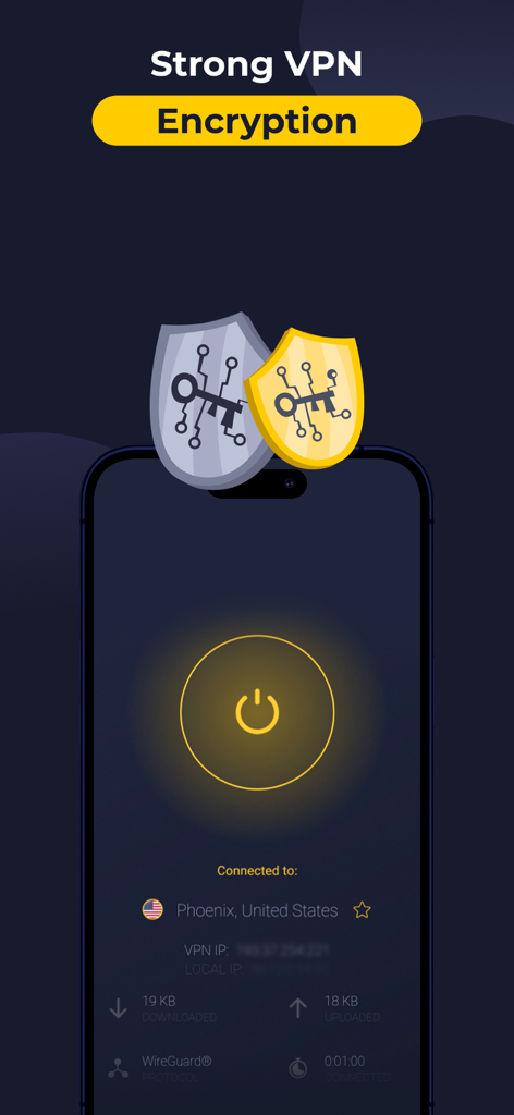 CyberGhost VPN mobile app interface showing a secure connection to a server in Phoenix USA with strong encryption icons