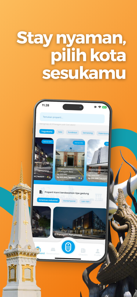 Interface mobile de l'application DPARAGON montrant les annonces de maisons d'hôtes exclusives et les options de recherche de propriétés en Indonésie.