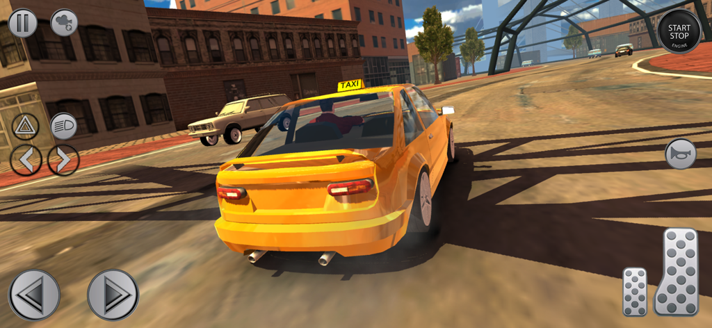 Grab City Taxi: Car Games 3D - Taxi amarillo conduciendo por una calle de la ciudad en un juego de simulación de coches en 3D