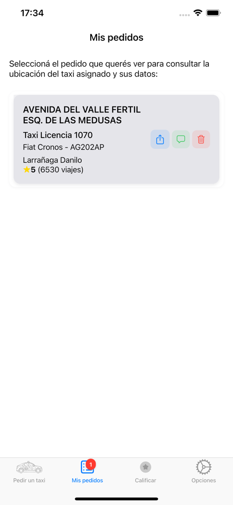 Mobile App-Oberfläche von Taxis Pinamar, die aktive Fahrtdetails mit Fahrerinformationen, Kennzeichen und Abholadresse anzeigt