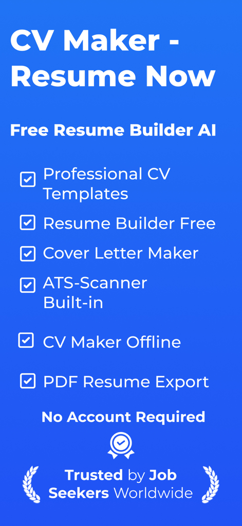Intelligent CV: Resume - A list of features for the Intelligent CV app including AI resume builder, professional templates, cover letter maker, and ATS scanner.