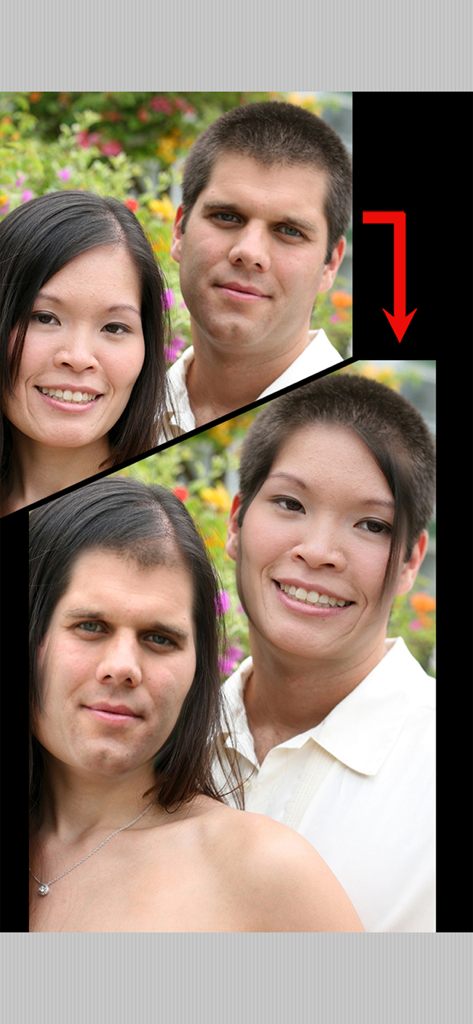 Before and after comparison of a man and woman swapping faces using the iSwap Faces Pro app