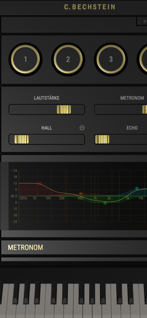 C. BECHSTEIN VARIO - Interface of the C. Bechstein Vario app showing audio settings and a frequency visualizer