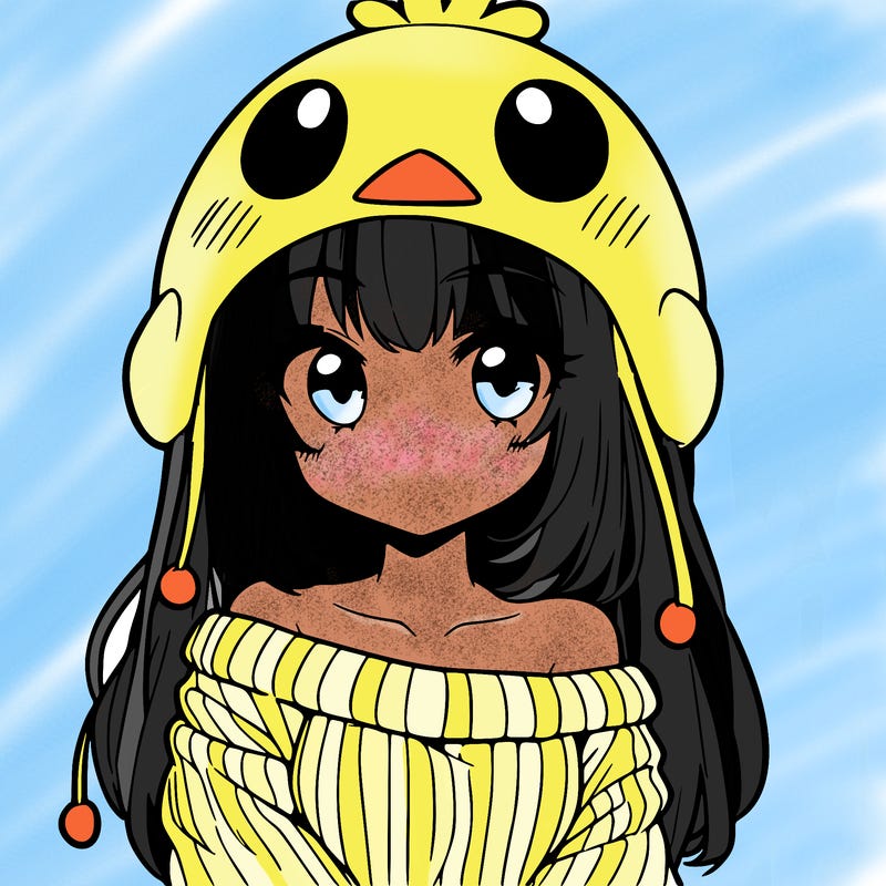 anime girl with chick shaped hat with sweater with bare shoulders with bangs covering them one eye with low tail