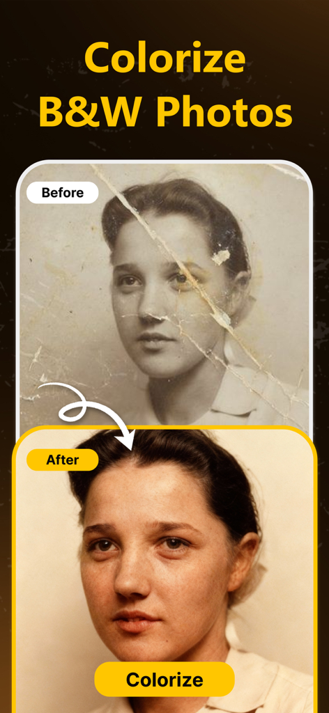 Nostalgia・Fix Old Photo&Repair - Before and after comparison of a damaged black and white photo being repaired and colorized by the Nostalgia app