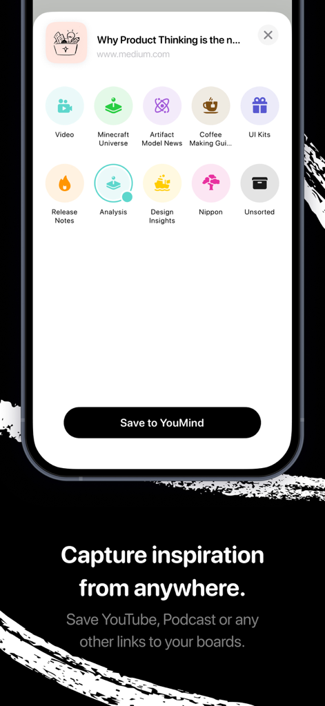 YouMind: AI Notes & Chat - YouMind mobile app interface displaying a save link feature with various categorized boards for organizing web content and inspiration.