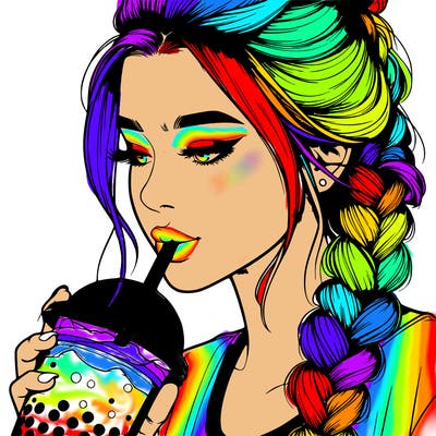 realistic girl drinking boba tea with braided hair