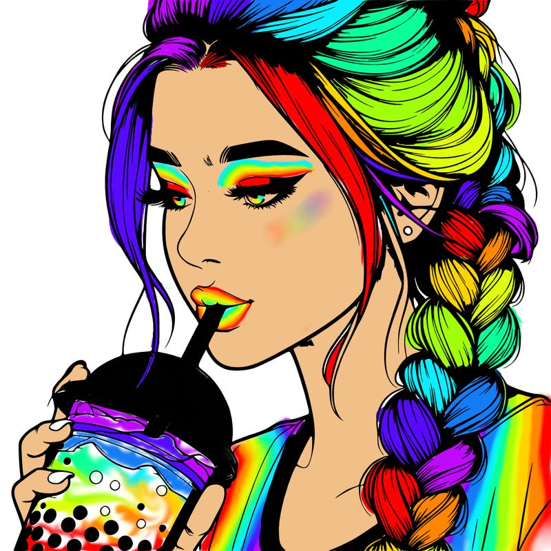 realistic girl drinking boba tea with braided hair