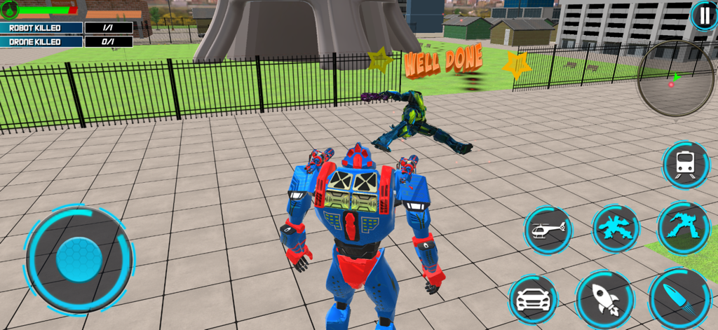 War Machines:Battle Robot Game - Robot de batalla azul y rojo de pie sobre un enemigo derrotado en un juego de combate en ciudad 3D