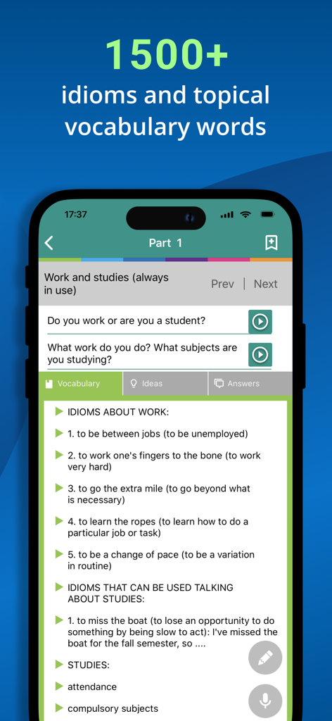 IELTS Speaking Assistant - テスト対策のためのイディオムや語彙を表示しているIELTS Speaking Assistantアプリ。