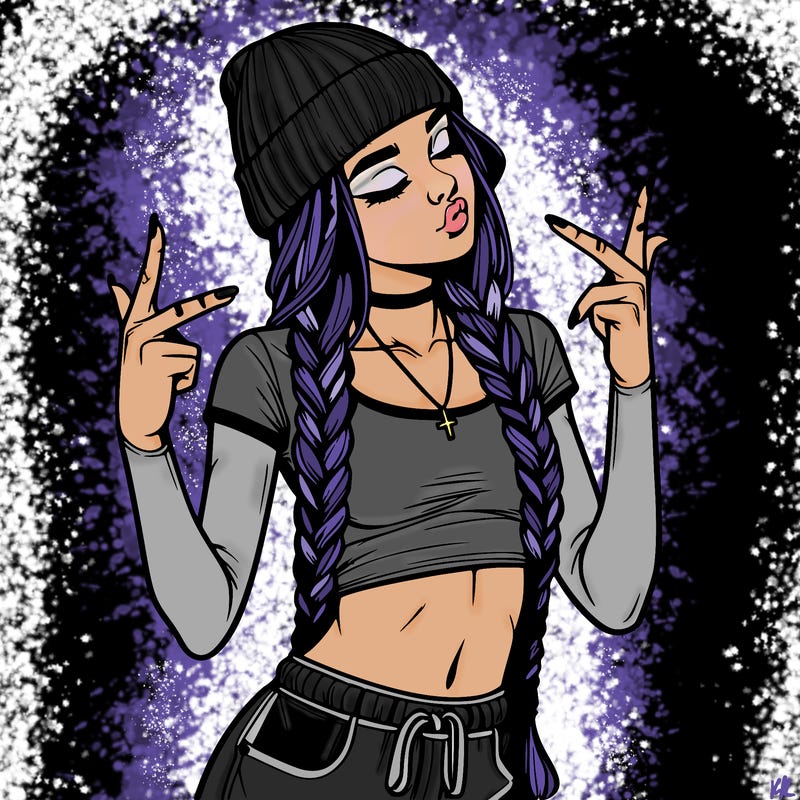 realistic teenage girl with braids and a beanie and crop top doing 🫶🏼