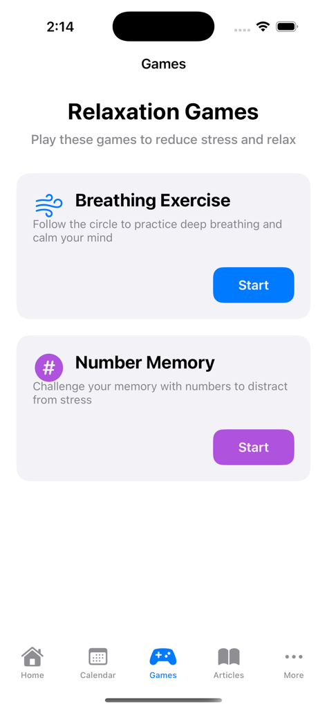 Relaxation games interface showing breathing exercises and number memory options