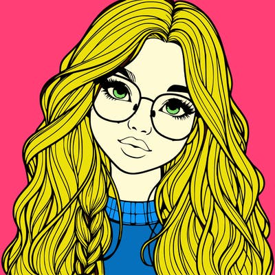 girl with long hair and freckles and glasses realistic