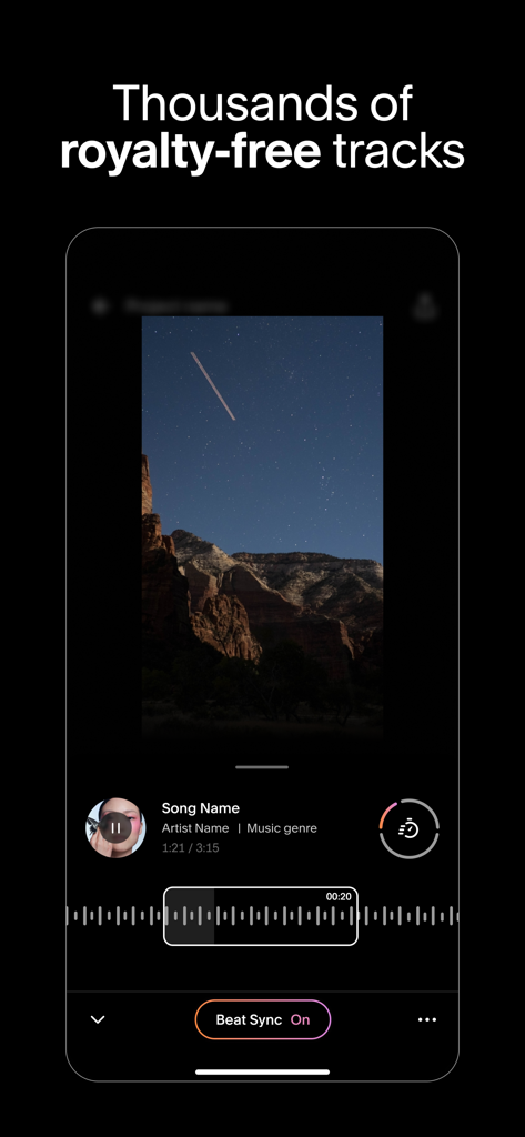 Unfold App-Oberfläche, die ein Videoprojekt mit lizenzfreier Musikauswahl und Beat-Sync-Funktion zeigt