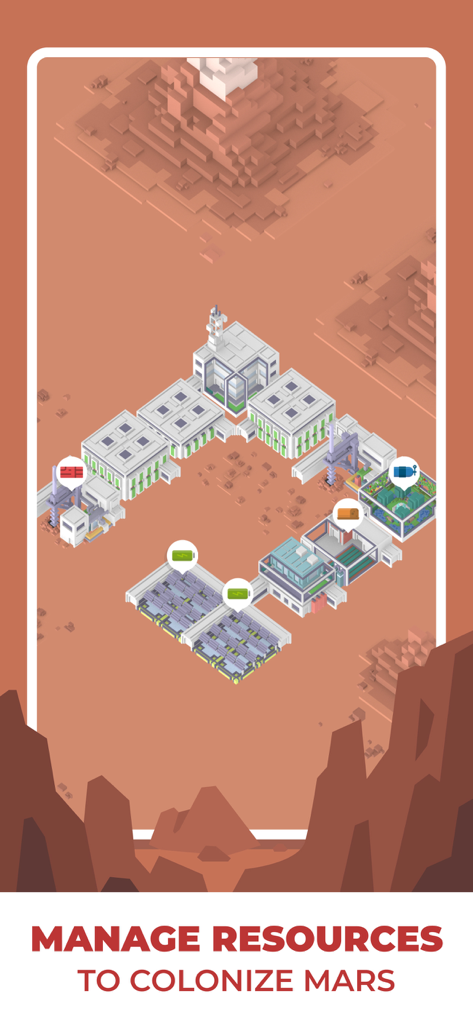 Pixel Plex: City Builder - Vue de dessus d'un complexe de villes en pixel art sur Mars avec des icônes de ressources pour la gestion