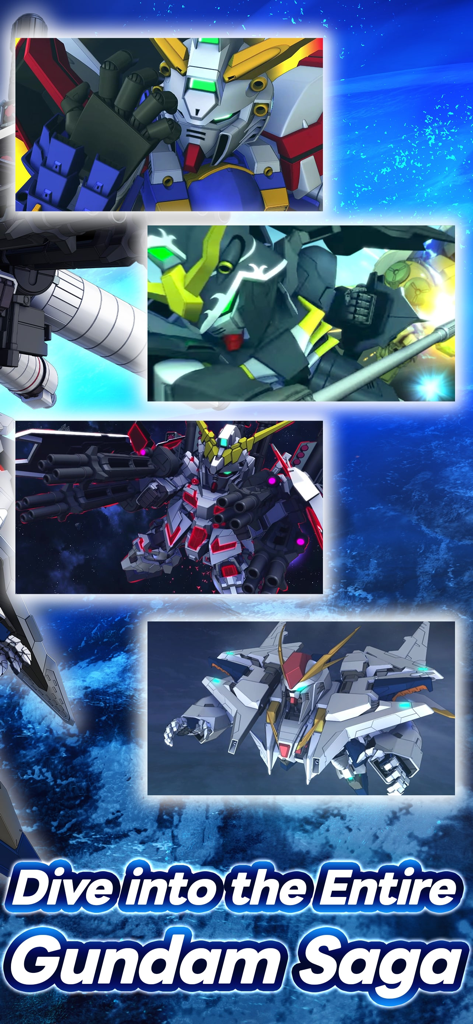 Collage di vari mobile suit SD Gundam con il testo Tuffati nell'intera saga di Gundam