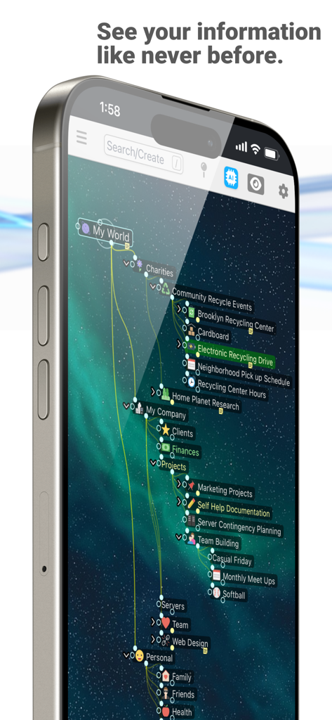 TheBrain: Smart Notes & Links - iPhone의 시각적 마인드 맵 인터페이스는 TheBrain 앱에서 상호 연결된 노트와 아이디어를 보여줍니다.