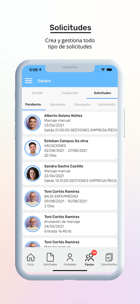 Nubhora - Nubhora mobile interface showing a list of employee requests for manual clocking, vacations, and sick leave.