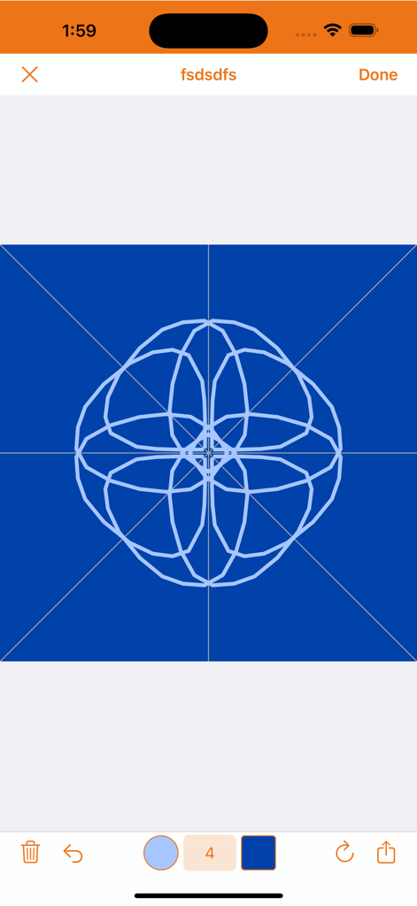 A light blue symmetrical geometric pattern on a dark blue background created in the Fx Symmetry app