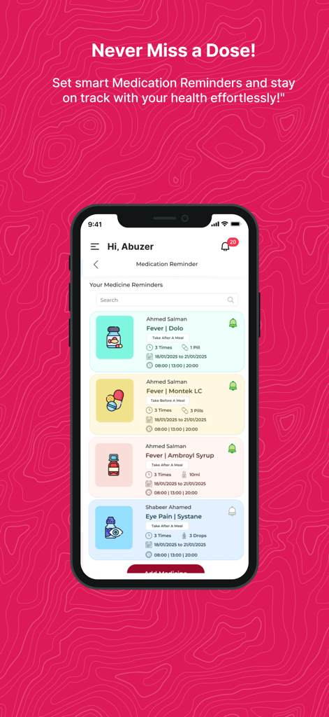 OQIC Medical App-Oberfläche, die Medikamentenerinnerungen für verschiedene Gesundheitszustände und Dosierungen anzeigt