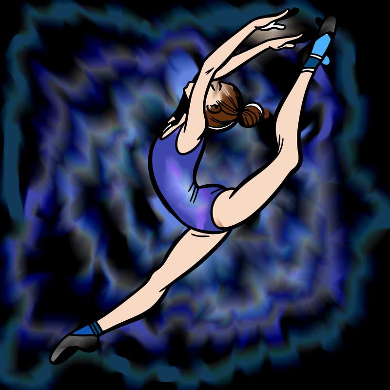 gymnast doing a leap in a leotard with a bent back leg