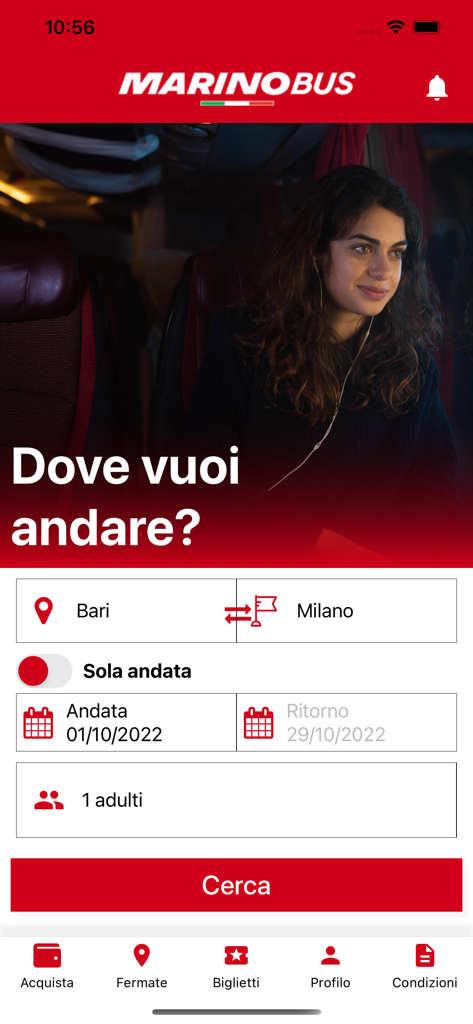 Interfaz de la aplicación móvil MarinoBus que muestra una búsqueda de viaje en autobús de Bari a Milán para un solo viajero.
