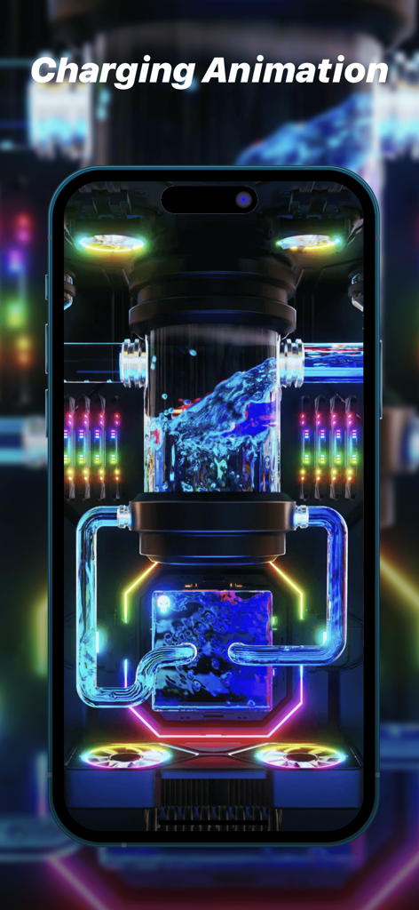 Live Wallpapers & Theme - NEXT - Futuristic charging animation with neon lights and liquid effects on an iPhone screen