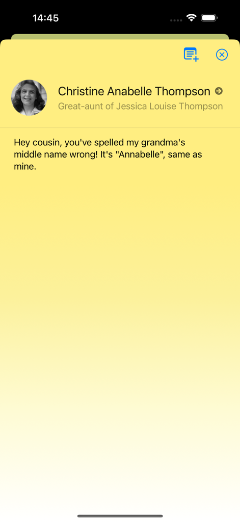 A yellow digital sticky note in the Family Tree Maker Connect app showing a name correction hint for a family tree member.