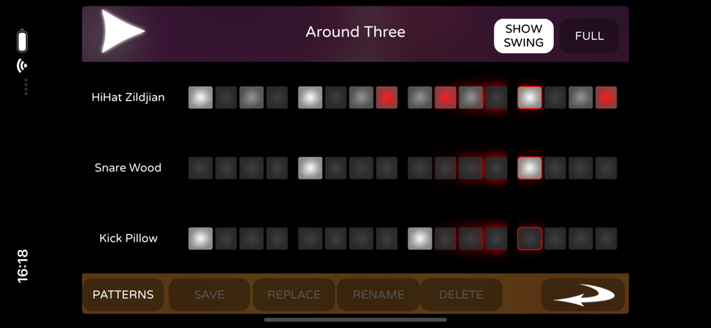 Interface du séquenceur pas à pas de l'application Funk Drummer montrant les motifs de batterie pour le charleston, la caisse claire et la grosse caisse.