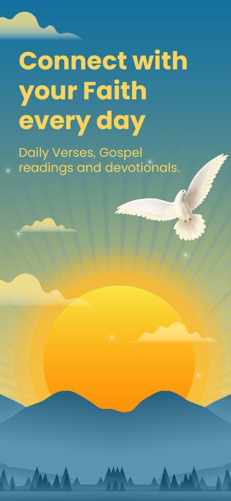 Faith Daily Growth app screen featuring a white dove flying over a sunrise and mountains with text about connecting with faith daily.