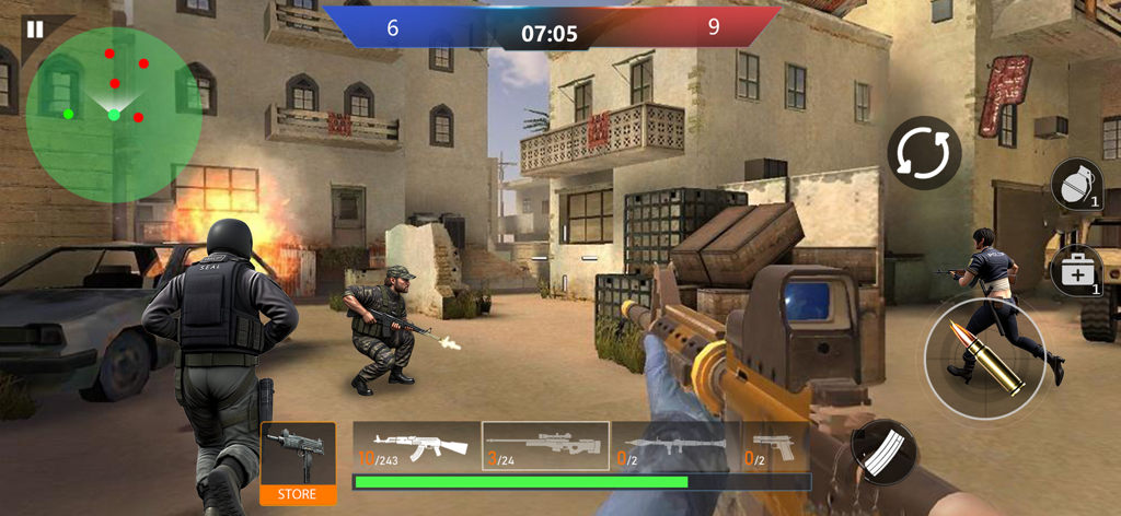 Gameplay screenshot of FPS Counter PVP Shooter showing first-person tactical combat in an urban environment.