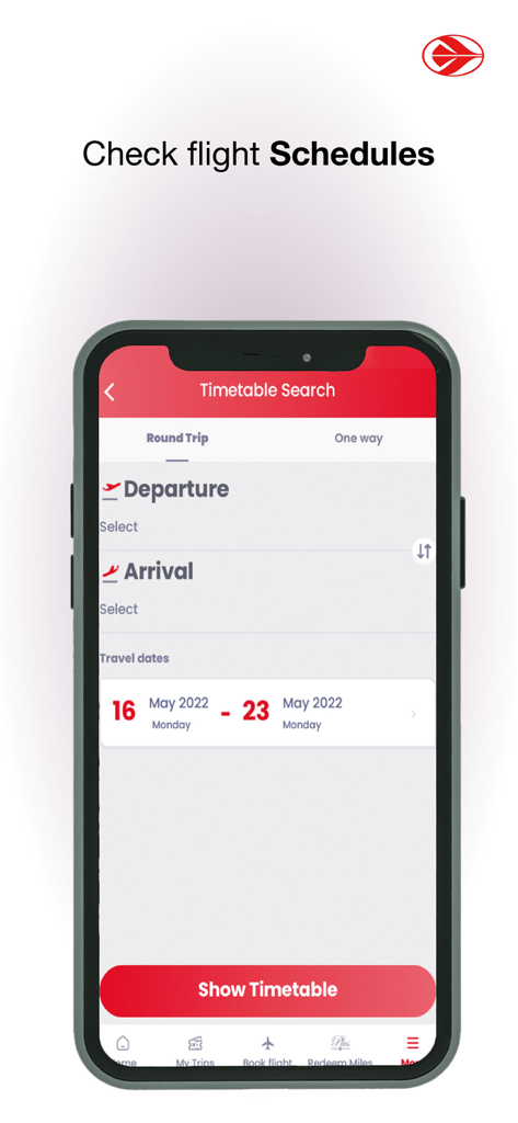 Air Algerie app flight timetable search screen showing departure and arrival options