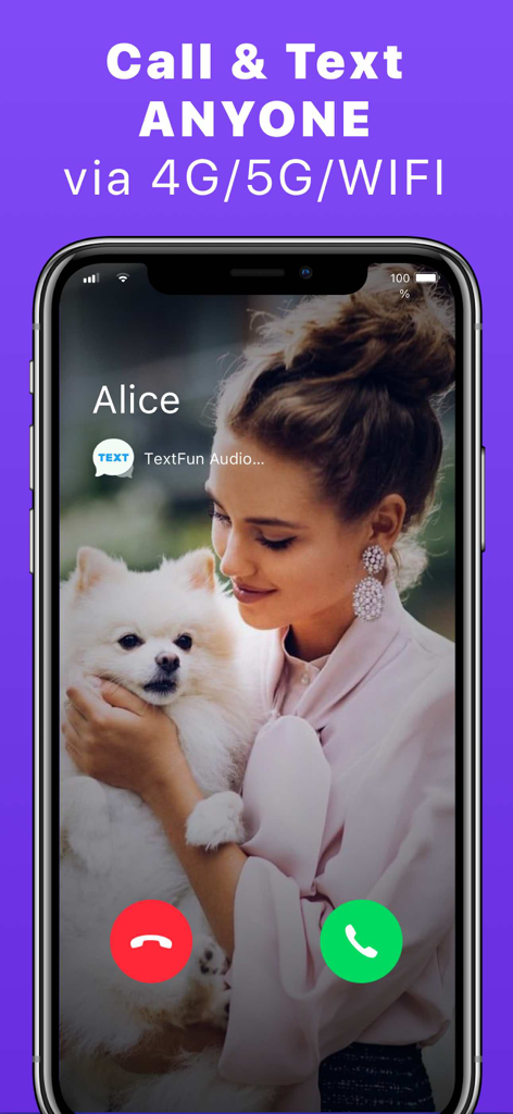 Text App: Wifi Calling+Texting - Pantalla de smartphone mostrando una llamada wifi entrante en la aplicación Text App.